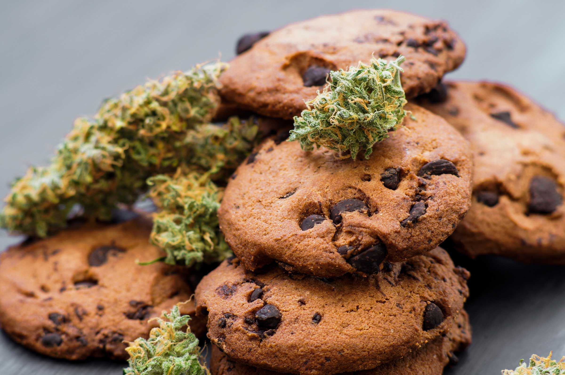 cannabis flower on top of chocolate chip cookies