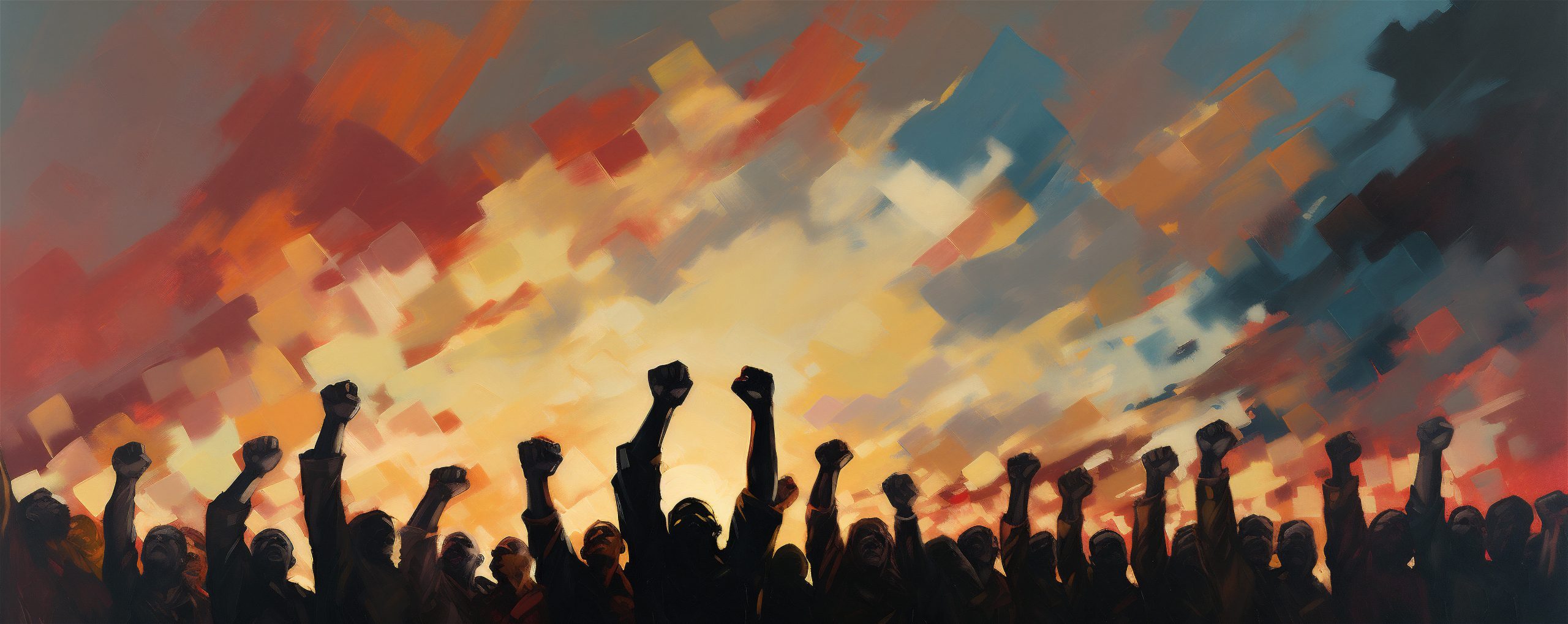 A Group of Silhouetted Men and Women Holding Fists in the Air, Representing Solidarity, Painting, Generative AI